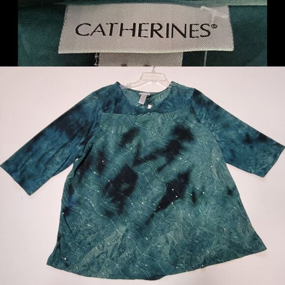 NEW 2X CATHERINE'S GREEN BLACK SEQUIN 3/4 SLEEVE HOLIDAY TUNIC TOP 22 24 NWT - Picture 1 of 11